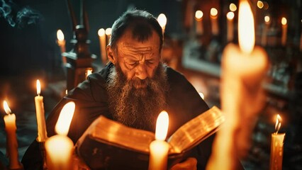 Wall Mural - An aged bearded orthodox christian monk reading bible