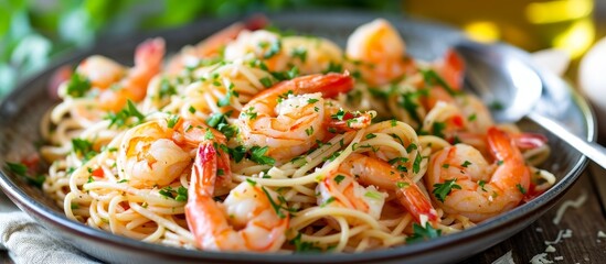 Wall Mural - A bowl of shrimp and noodles with a fork, a tasty dish made with staple food ingredients such as seafood and pasta, perfect for any cuisine.