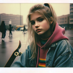 Portrait of a beautiful teenager girl with a skateboard in the city