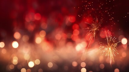 Wall Mural - New year celebration with gold and red fireworks and bokeh effect on dark background