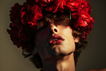 Male Model Wearing a Red Rose Flower Crown