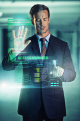 Poster - Businessman, online and glass with security hologram of futuristic biometrics and information technology. Male person, user experience and digital interface for corporate company with hand scan tech