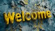 Yellow Marble Welcome concept creative horizontal art poster. Photorealistic textured word Welcome on artistic background. Ai Generated Hospitality and Greetings Horizontal Illustration.