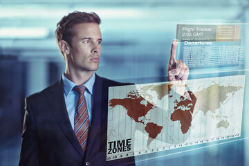 Poster - Businessman, flight and hologram with global display of digital interface or travel and future. Male person, online and software database for departures with user experience or information technology
