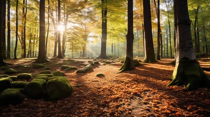 Wall Mural - sunny morning in the autumn forest with colorful foliage and sun rays
