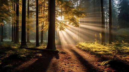 Wall Mural - Sunny morning in the autumn forest with colorful foliage and sun rays