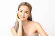 © Shutter B - Happy beautiful young asian woman smile touching her face on white background, clean fresh bare skin concept. Facial treatment, Perfect skin, Natural make up.