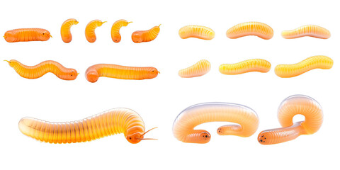 Collection of orange worm isolated on a white background as transparent PNG