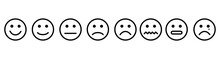 Feedback Vector Concept. Rank, Level Of Satisfaction Rating. Excellent, Good, Normal, Bad Awful. Feedback In Form Of Emotions, Smileys, Emoji. User Experience Review Of Consumer.