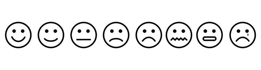 Feedback vector concept. Rank, level of satisfaction rating. Excellent, good, normal, bad awful. Feedback in form of emotions, smileys, emoji. User experience Review of consumer.