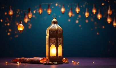 Modern Islamic holiday banner suitable for Ramadan, Raya Hari, Eid al-Adha and Mawlid. A lit lantern on an evening background