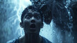 A young man is terrified by the sensation of a monster lurking behind him. Concept of Paranoia