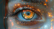 Close-up of a human eye with digital data overlay, concept of futuristic vision or cyber security.