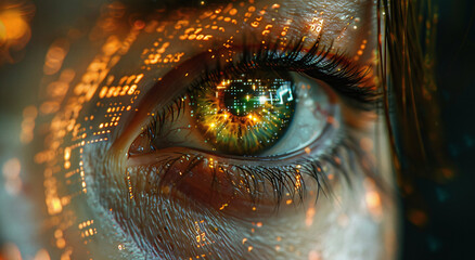 Wall Mural - Close-up of a human eye with digital data overlay, concept of futuristic vision or cyber security.