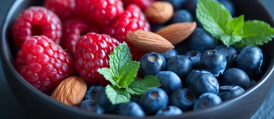 Wall Mural - Fresh and Nutritious: Delicious Bowl of Berries, Almonds, and Blueberries for Healthy Eating Concept