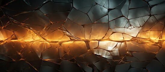 Sticker - A cracked glass wall revealing a bright yellow light shining through the fractures, creating a striking visual effect.