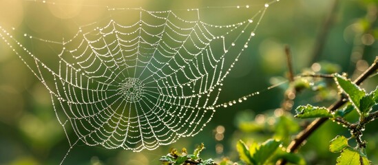 Wall Mural - Captivating Spider Web Covered in Glistening Water Droplets - Nature's Artistry