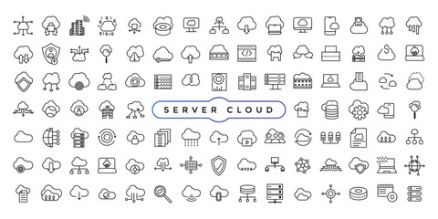 Poster - Set of line icons related to server and cloud computing, cyber security, digital transformation. Thin line web icon set.
