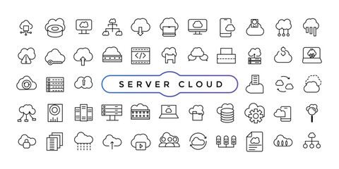 Poster - Set of line icons related to server and cloud computing, cyber security, digital transformation. Thin line web icon set.