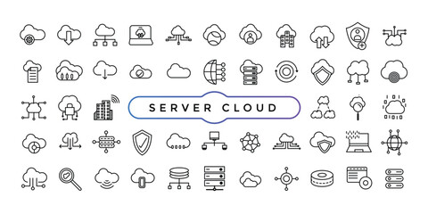 Poster - Set of line icons related to server and cloud computing, cyber security, digital transformation. Thin line web icon set.