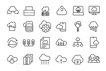 Poster - Set of line icons related to server and cloud computing, cyber security, digital transformation. Thin line web icon set.