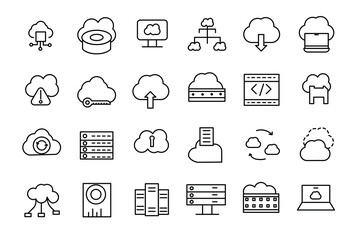 Poster - Set of line icons related to server and cloud computing, cyber security, digital transformation. Thin line web icon set.