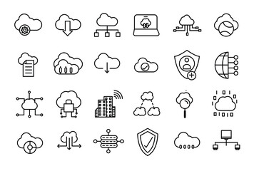 Set of line icons related to server and cloud computing, cyber security, digital transformation. Thin line web icon set.