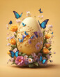Decorated colorful Easter egg and flowers spring arrangement with butterflies