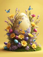 Wall Mural - decorated colorful easter eggs and flowers arrangement with butterflies