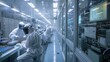 Team of professionals in protective cleanroom suits conducting research in a modern high-tech laboratory.