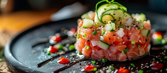 Wall Mural - A detailed shot of a dish on a table with various ingredients and garnishes, showcasing the culinary art and creativity in the recipe.