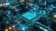 Advanced technology background with a detailed futuristic circuit board and glowing lights in blue hues.
