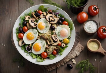 Wall Mural - spring salad with lettuce, mushrooms, egg, cheese, herbs and other vegetables in a bowl.