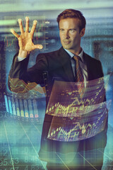 Poster - Businessman, trading and hologram with future display of digital interface or corporate growth. Person, stock market and data graphs for presentation with user experience or information technology.