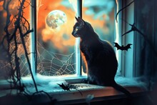 A Whimsical Halloween Card With A Mischievous Black Cat Perched On A Windowsill, Gazing At A Full Moon With A Mischievous Grin. Cobwebs And Bats Decorate The Window Frame.