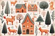 happy cozy Christmas miscellaneous illustrations, in the style of polychrome terracotta