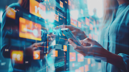Smartphone era: hands using smartphone on colorful futuristic data and applications background