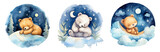 Fototapeta Dziecięca - Cute small bear sleeping on the moon watercolor illustration, children's room, fashion design, paint, background, art, wallpaper, print, poster, wall, painting, interior, generative AI