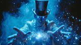 Fototapeta  - illusionist with blue light in eyes, magic moment 
