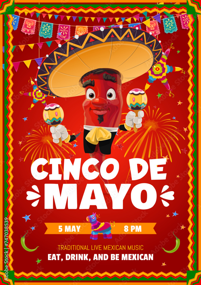 Cinco De Mayo Mexican holiday flyer for fiesta party with chili pepper ...