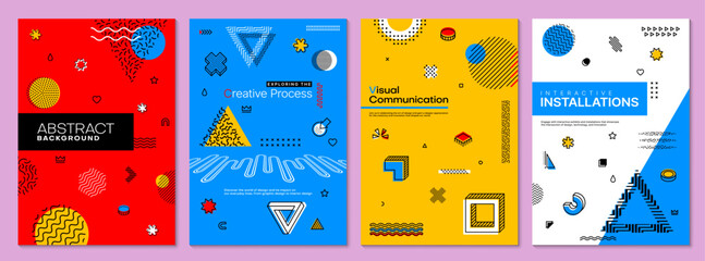 Aufkleber - Modern Memphis posters, feature vibrant colors, geometric shapes, and bold patterns, drawing inspiration from the 1980s design movement. Vector card templates, exude a playful and eclectic aesthetic
