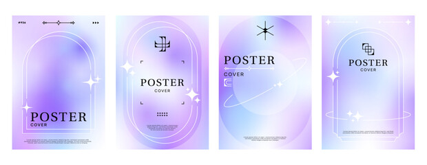 Aufkleber - Gradient y2k poster background with abstract shapes. Modern, aesthetic and trendy vector templates with minimal fluid style designs, holographic purple colors, geometric figures, lines and elements