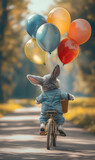 Fototapeta Do pokoju - easter bunny is riding a bicycle with colorful balloons in spring