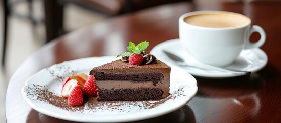 Wall Mural - A decadent slice of chocolate cake on a plate paired with a steaming cup of coffee.