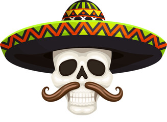 Wall Mural - Mexican cinco de mayo holiday character. Mariachi musician skull with sombrero and mustaches. Vector Day of dead cranium, Dia de los muertos traditional calaca skeleton head for holiday celebration