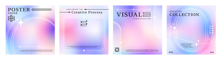 Aufkleber - Aesthetic y2k gradient poster background with abstract shapes. Modern and trendy set of vector templates with fluid gradients. Minimal style designs with geometric figures, lines, and graphic elements