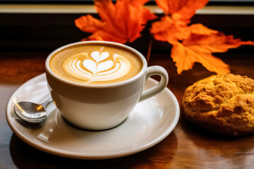 latte on a table with fall leaves and a scone on a plate 2