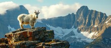 Majestic Mountain Goat Perched On Rock In The Rugged Mountains