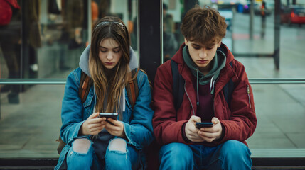 Two young Caucasian teenagers, male and female teen, boy and girl, wearing backpacks, sitting on the bus station and looking at their smartphone devices. Scrolling and surfing online, using technology