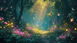 © Postproduction - Enchanted forest pathway surrounded by magical flora and fauna. Fantasy setting.